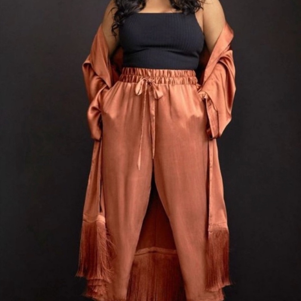 Eloquii Brown Blazer & Pant Set with Fringe Detail